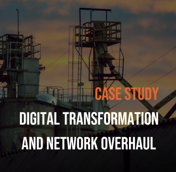 Industrial facility at sunset with text overlay reading 'CASE STUDY: DIGITAL TRANSFORMATION AND NETWORK OVERHAUL,' representing a modern technological transformation in an industrial setting.