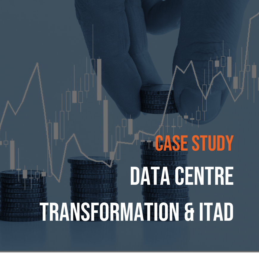 Case Study: Data Centre Transformation & ITAD by Technimove. Background features a close-up of a hand stacking coins, with financial graph overlays representing growth and transformation.