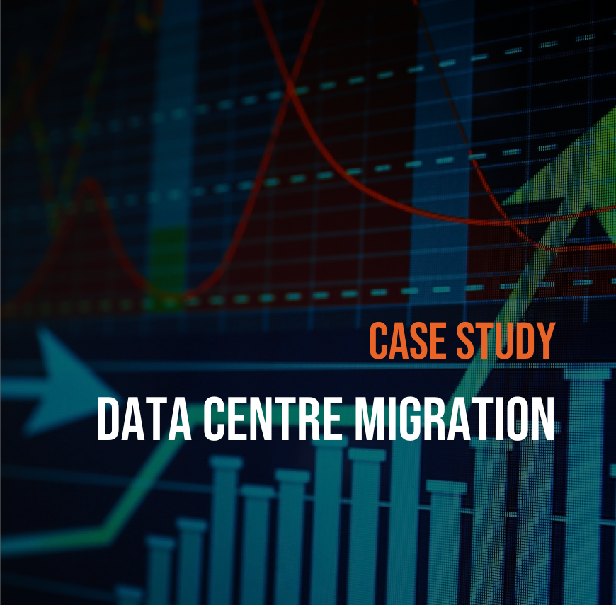 Technimove Case Study: Data Centre Migration" text displayed over a financial graph with upward-trending arrows and bar charts.