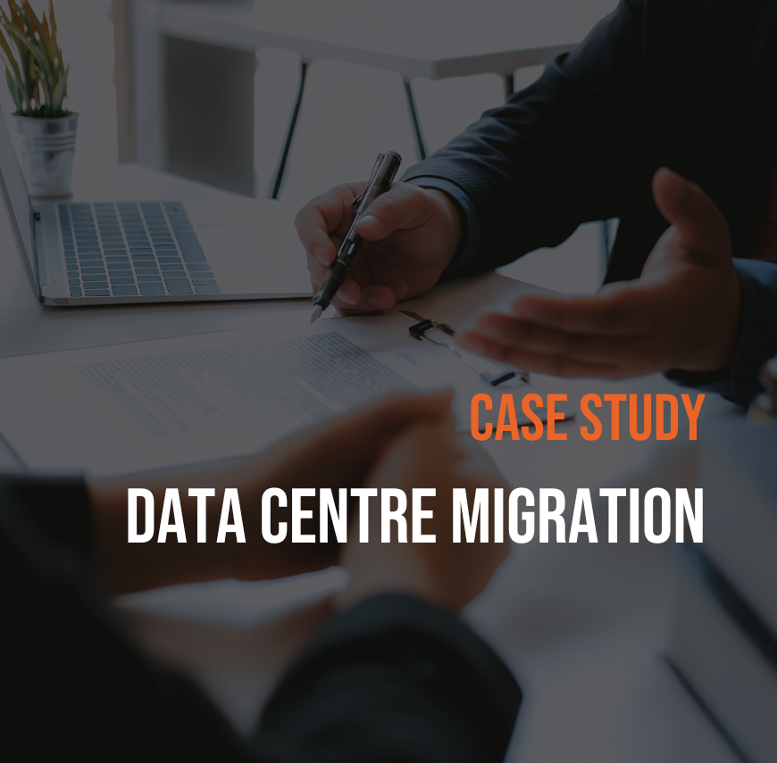 Close-up of professionals discussing documents during a data centre migration case study.