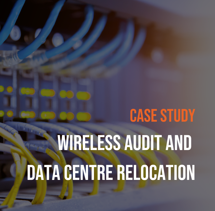 Close-up of network cables plugged into server switches with overlaid text reading "Case Study: Wireless Audit and Data Centre Relocation."